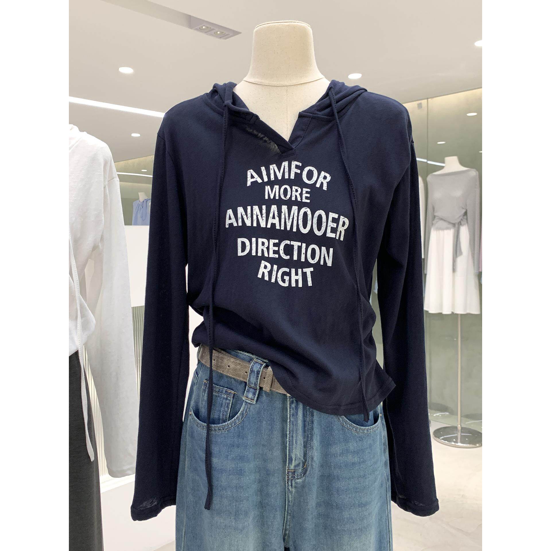 美式休闲简约字母印花连帽长袖T恤女2025早秋新款纯棉透气防晒衫