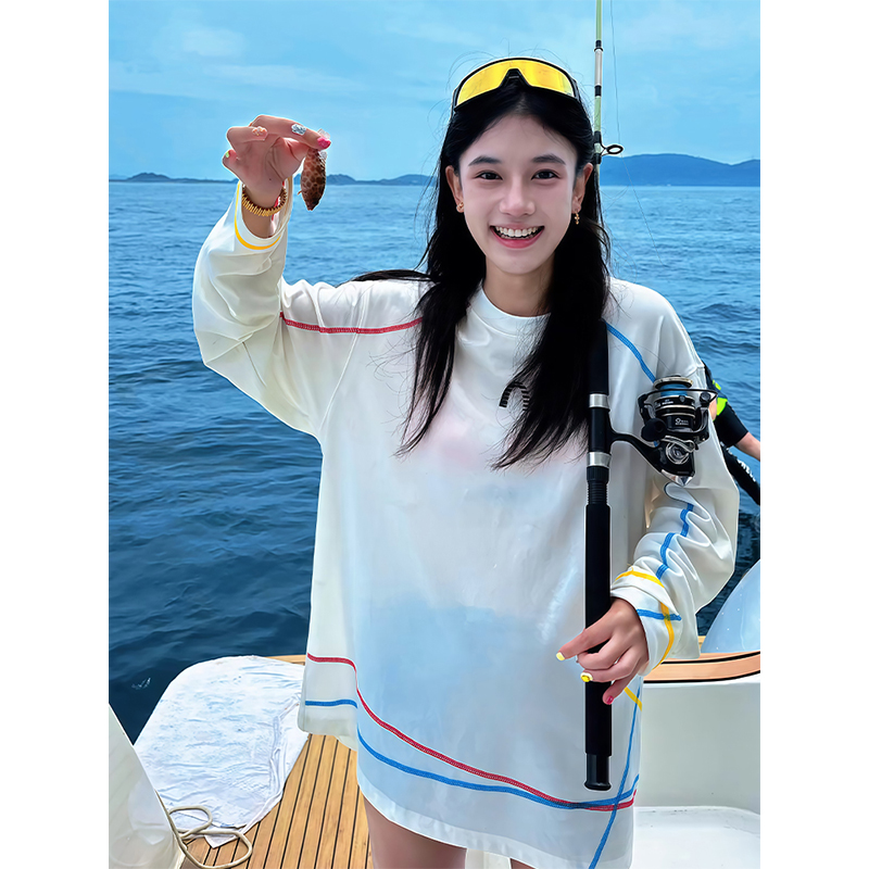 白色美式速干防晒罩衫长袖t恤男女同款休闲个性彩色线运动上衣服