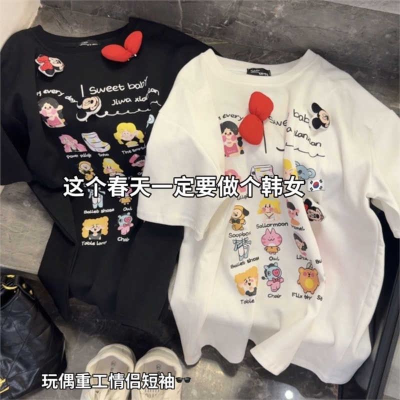 纯棉立体装饰米奇2025夏季新款韩版宽松慵懒风短袖T恤女圆领上衣
