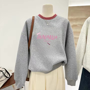 春秋款浅灰色卫衣女款2024新款爆款无帽圆领长袖秋冬正肩穿搭上衣