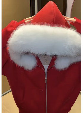 亮闪闪大毛领红色连帽卫衣外套女2025秋冬季新款慵懒风高级感开衫