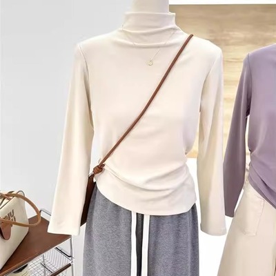德绒磨毛半高领长袖打底衫T恤女