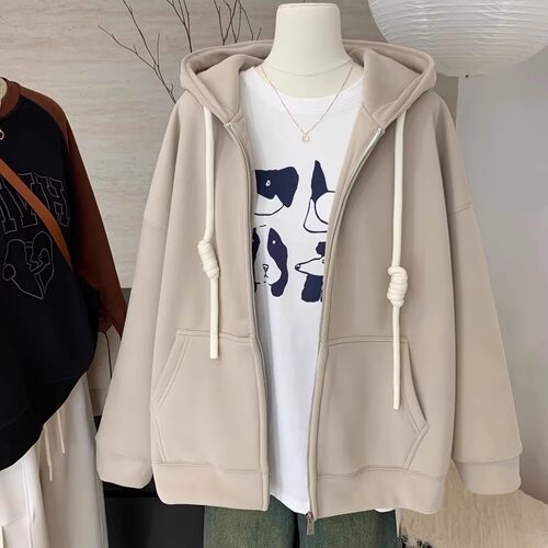 加绒加厚秋冬连帽开衫卫衣女外套