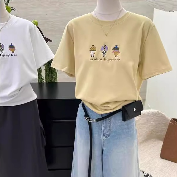 纯棉刺绣短袖T恤女上衣圆领宽松