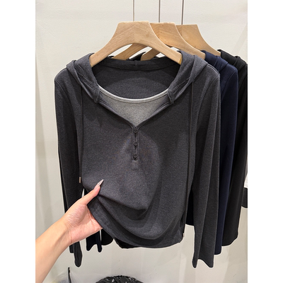 长袖T恤女拼接假两件纽扣上衣服