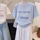设计感小众休闲百搭打底衫 纯棉刺绣字母钉珠T恤女短袖 夏季 上衣tee