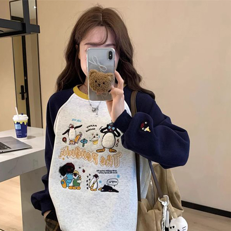 企鹅刺绣拼接撞色圆领卫衣上衣