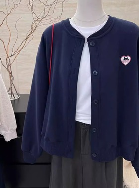 2024秋冬季开衫纽扣新款韩版宽松刺绣爱心休闲百搭慵懒风chic外套