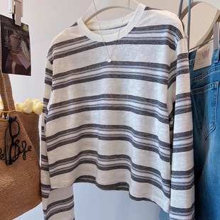 韩国东大门复古条纹拼接长袖显瘦T恤女小个子慵懒松弛感圆领上衣