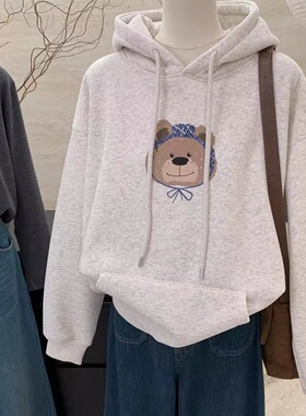 韩版秋冬新款宽松大版卡通印花减龄百搭加绒加厚连帽卫衣女上衣潮