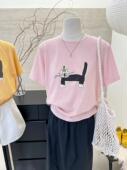 纯棉短袖 卡通猫咪上衣服tee 显瘦宽松丝光棉圆领半袖 T恤女夏季 韩版