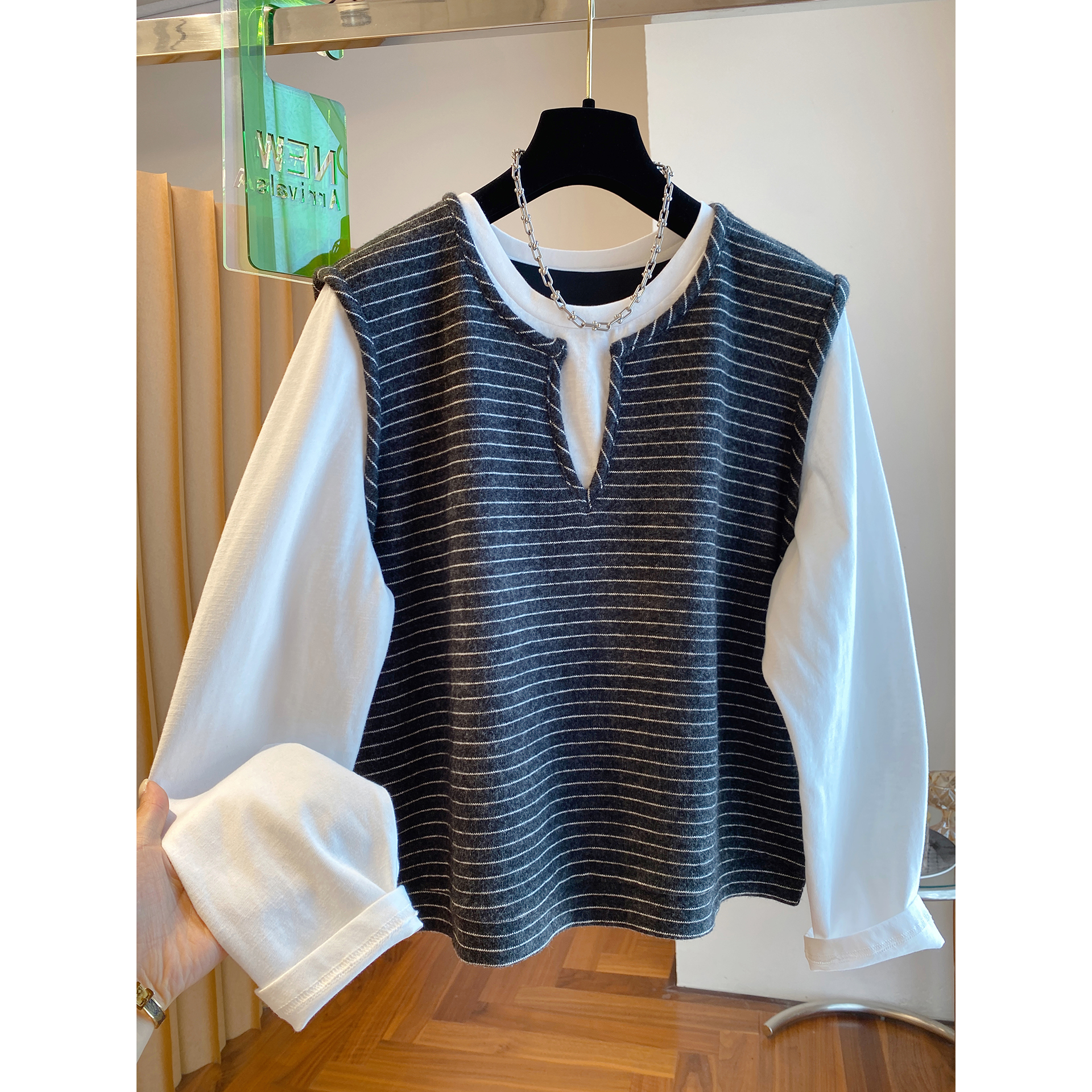 假两件长袖t恤女宽松条纹打底衫