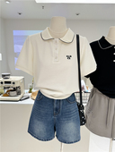 刺绣蝴蝶结简约宽松小众娃娃领polo翻领短袖 法式 夏季 T恤女打底tee
