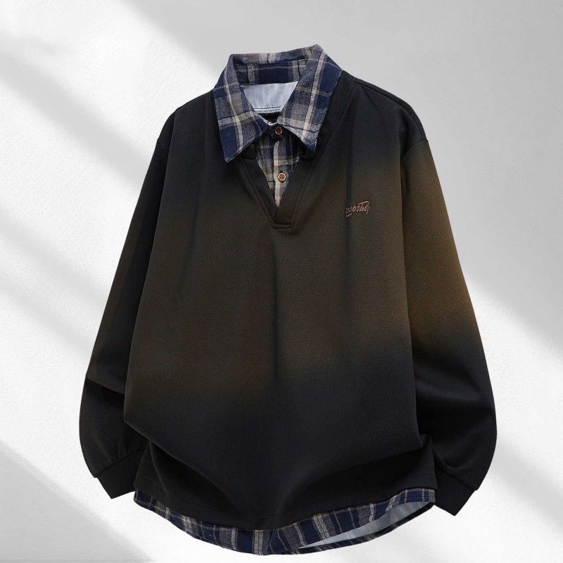 刺绣拼接格子衬衫领假两件卫衣女