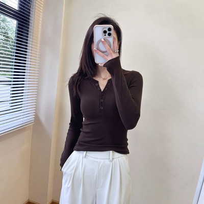 同款女士Hold Tightt Long-Sleevee螺纹排扣亨利衫莫代尔修身长袖