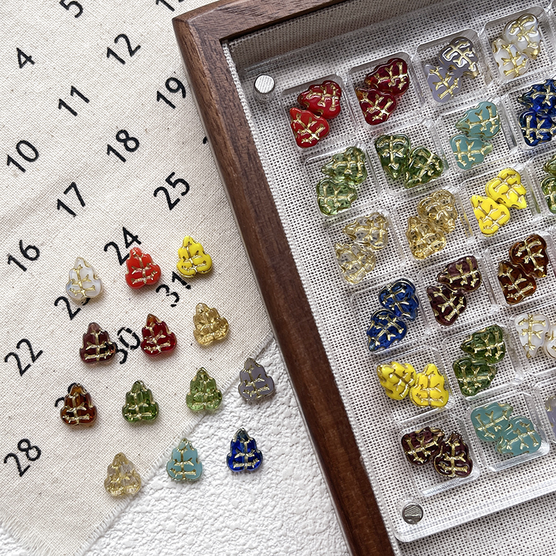 布拉格琉璃珠复古小树叶造型珠双面描金DIY手链项链配件串珠材料