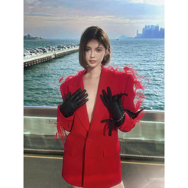 高级羽毛西装外套秋冬女