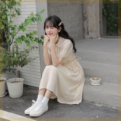 2023年夏季新款裙子通勤盐系娃娃领中长裙法式泡泡袖连衣裙学生女