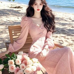 2025年春季法式气质名媛高端女神范高级感漂亮独特粉色收腰连衣裙