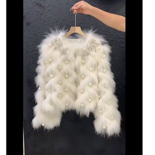 2024冬季新款珍珠粗纺小香风拼接毛毛皮草外套女车条气质大衣