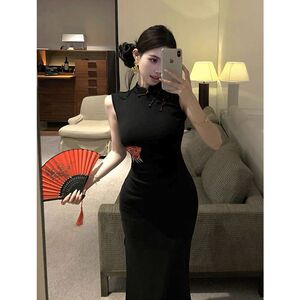 新中式国风刺绣盘扣无袖连衣裙女夏季气质高级感改良旗袍包臀长裙