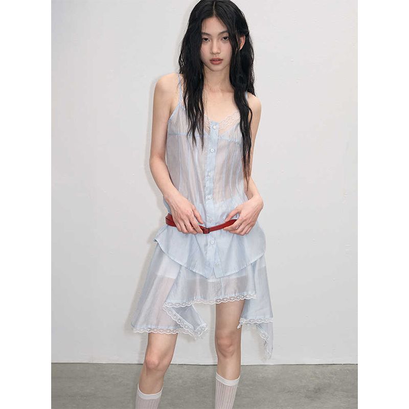 设计蓝色法式V领蕾丝吊带