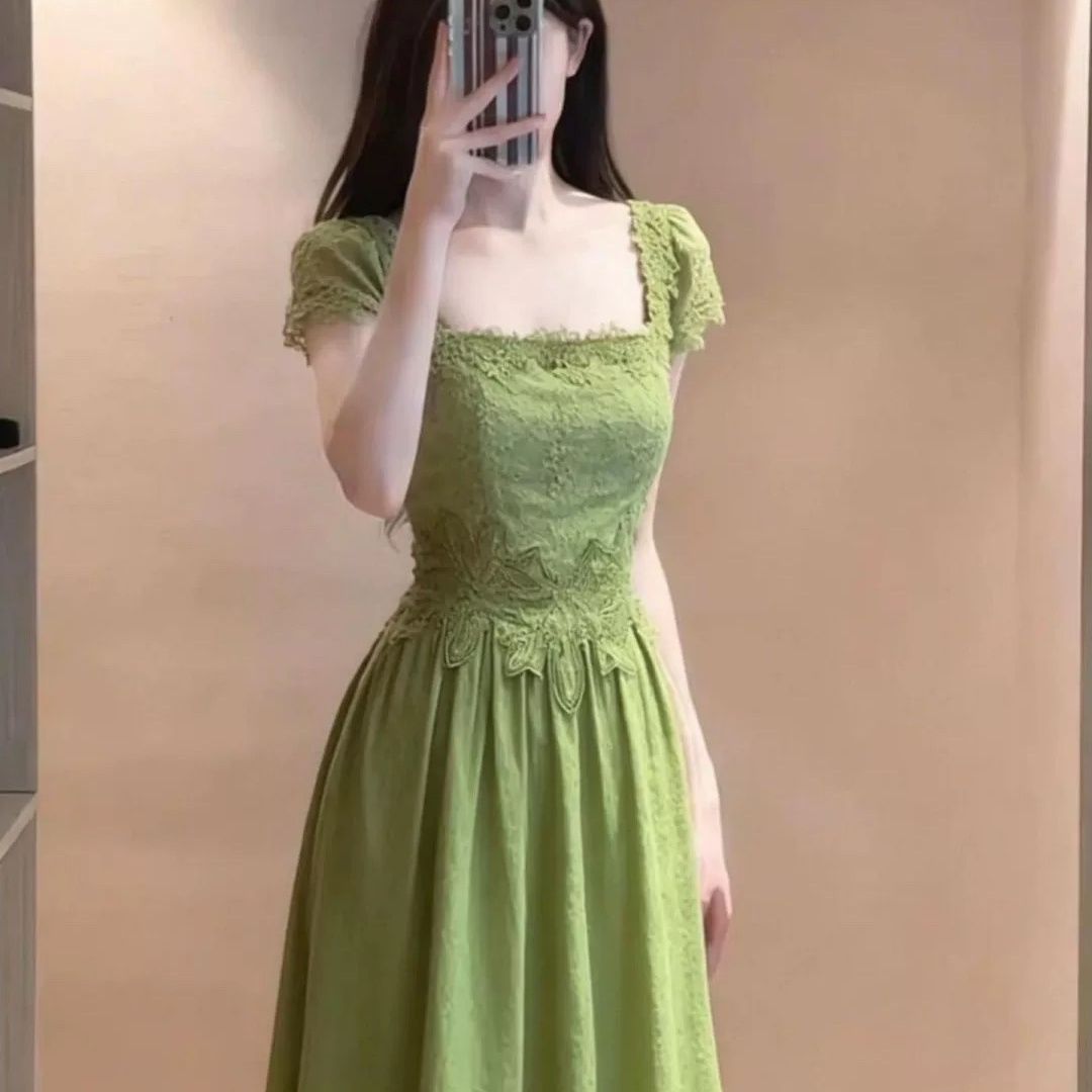 法式高级温柔风绿色蕾丝
