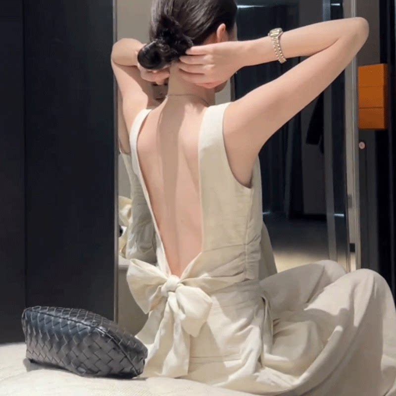法式露背无袖蝴蝶结上衣+