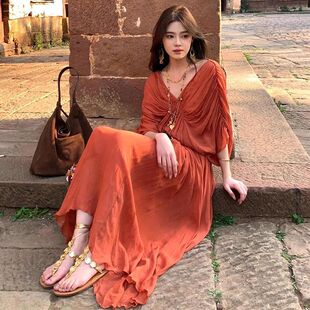 沙丘风褶皱蝙蝠袖连衣裙艺术感看展晚礼服海边度假拍照沙滩裙