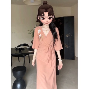 法式名媛气质女神范高端精致超好看小香风绑带收腰粉色连衣裙夏季