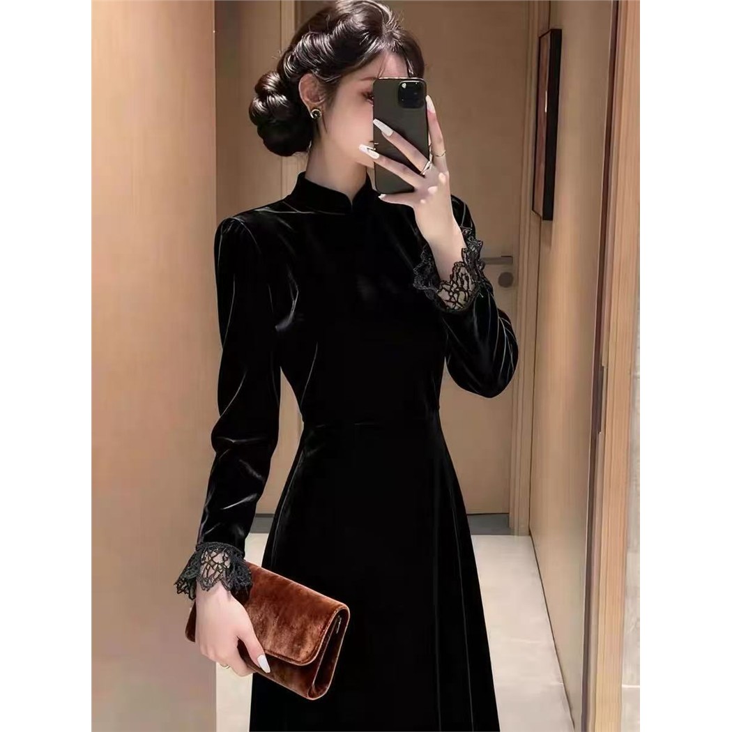 2025新中式黑色丝绒连衣