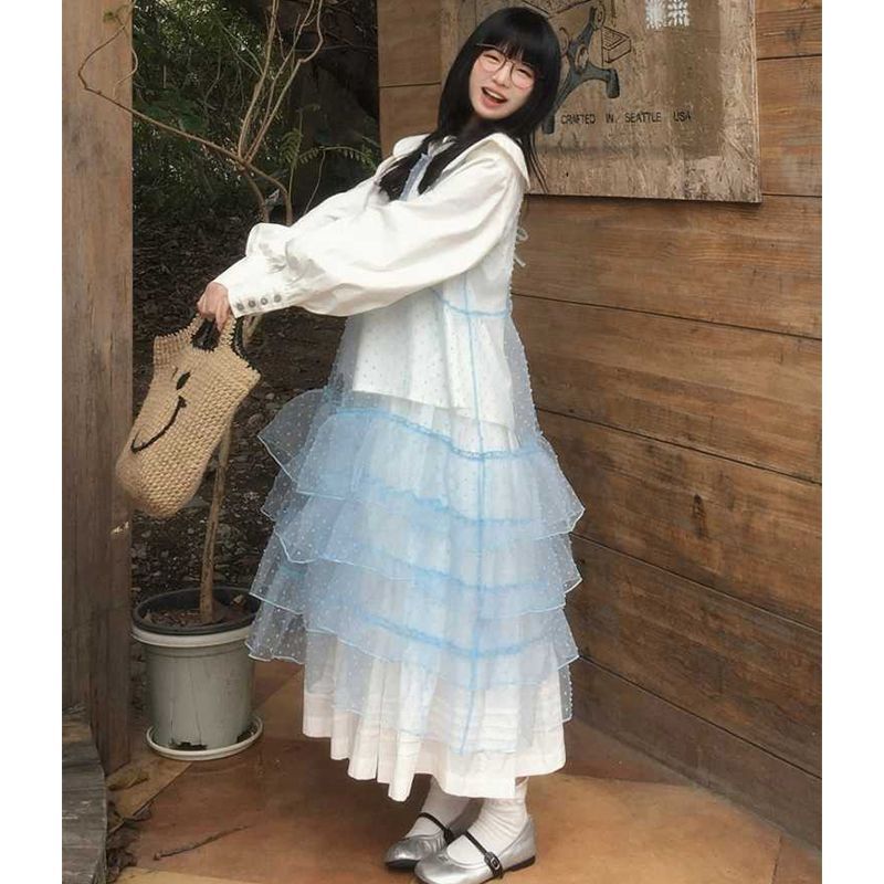 蓝色纱罩衫裙日系叠穿森
