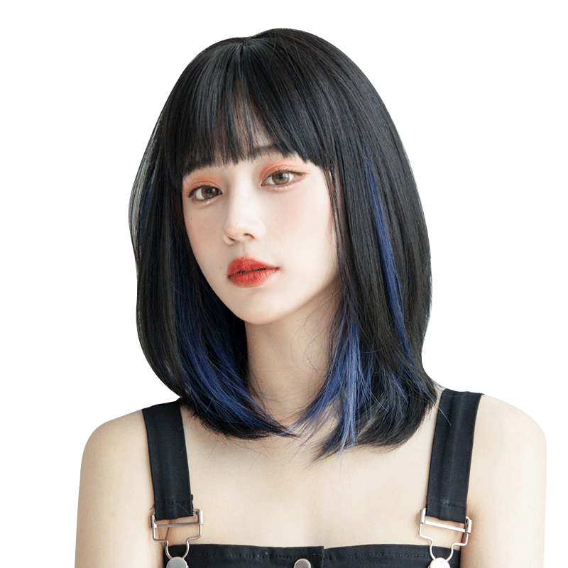挂耳染发片短发挑染假发片一片式彩色假发条蓝色漂染自然隐形接发