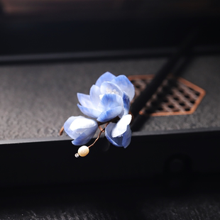 【暮云】国风非遗蚕丝绒花发簪新中式发饰复古蓝色系旗袍头饰春天