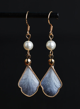 原创手工掐丝绒花叶子耳环国风汉服旗袍灰色高级感小众耳饰耳夹