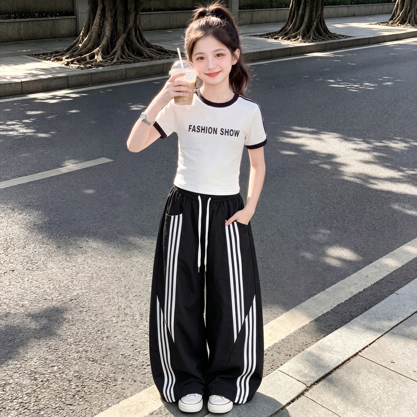 女童夏季运动风爵士舞服短袖阔腿裤套装薄款两件套表演走秀舞蹈服