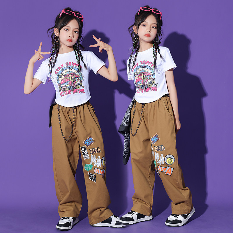 爵士舞女童服装潮流露脐短袖jazz练功服潮牌嘻哈装少儿街舞演出服