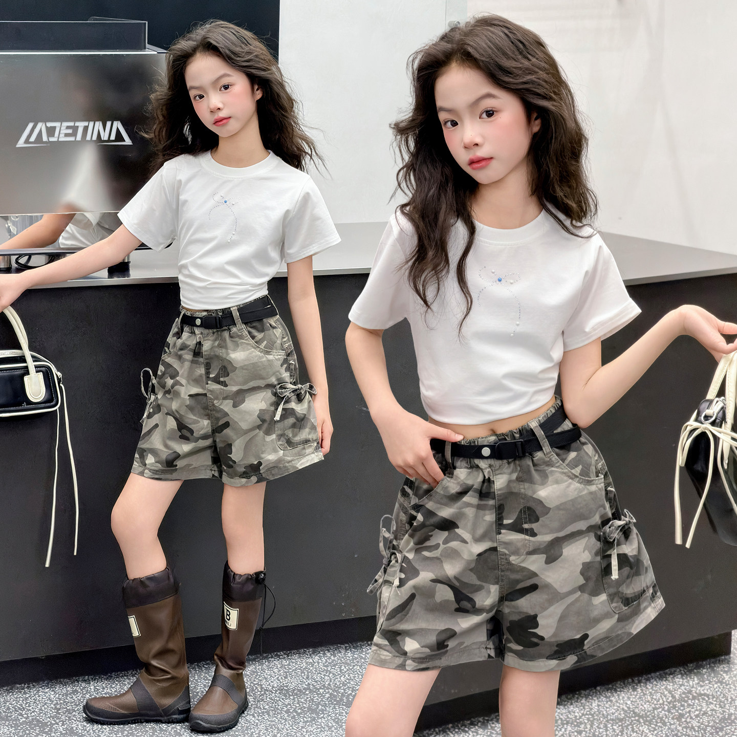 女童新款夏季爵士舞服工装风短裙套装韩版迷彩裤子女童走秀演出服