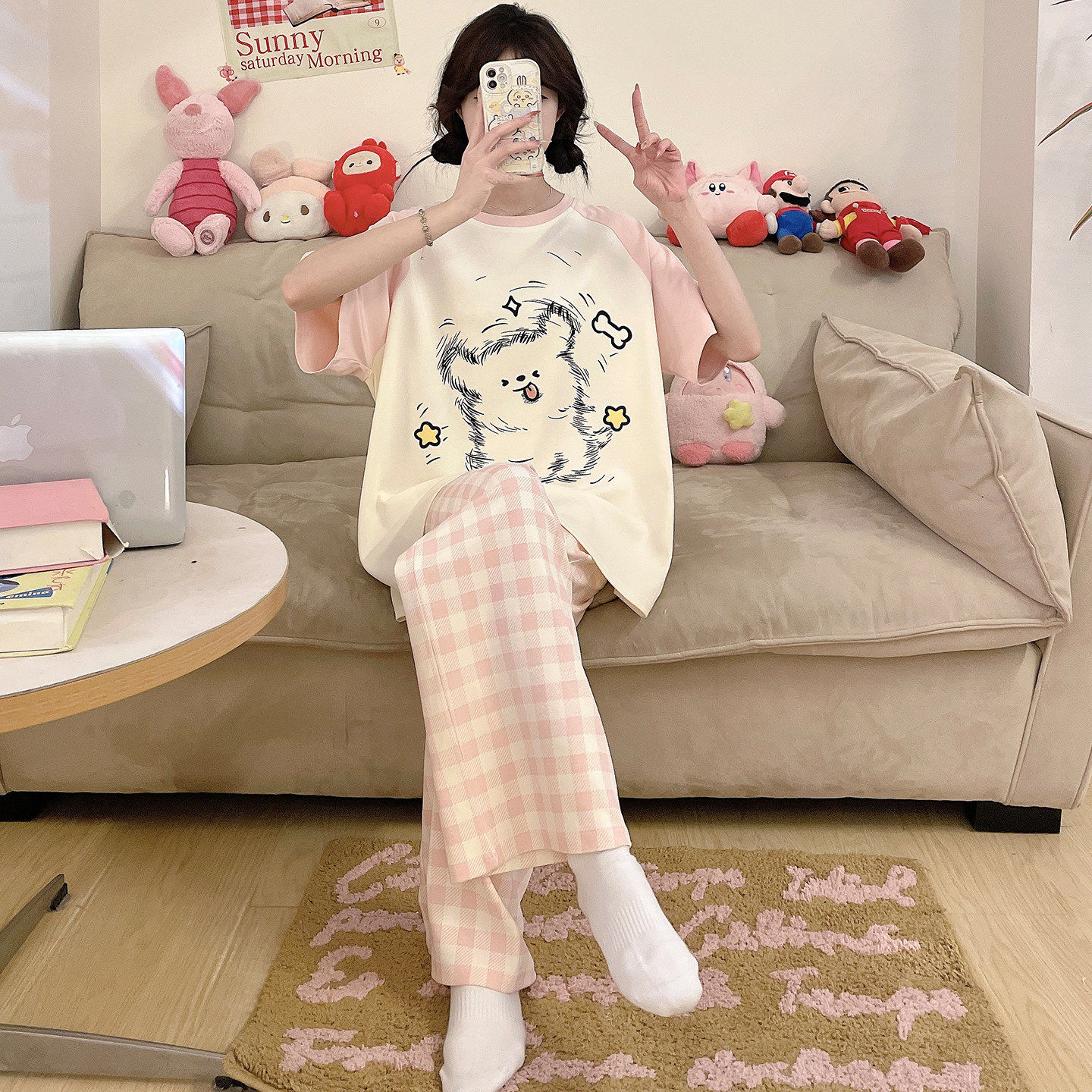 纯棉睡衣女款夏季短袖宽松套装薄款卡通加大码胖mm初中学生家居服