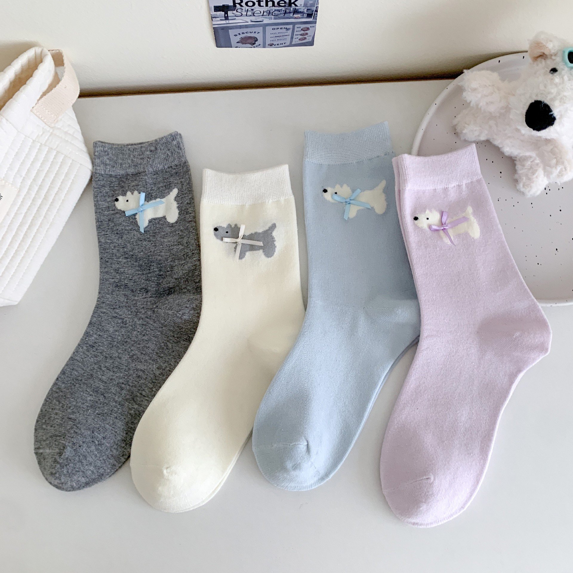 进口袜子女春夏薄款韩系可爱蝴蝶结西高地小狗中筒袜无骨棉质中筒