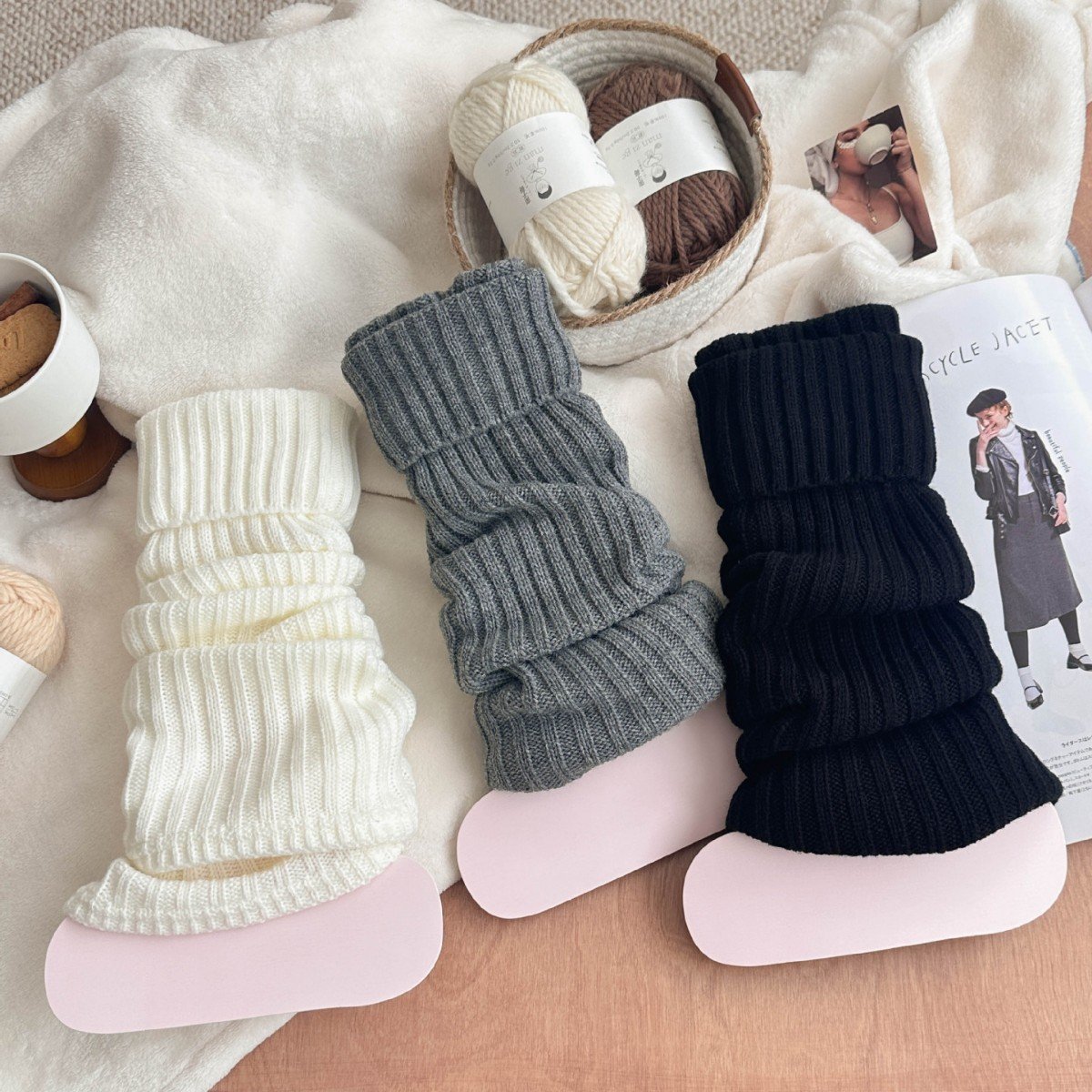 进口袜子女秋冬新款针织jk长筒翻边羊毛小腿袜套保暖百搭堆堆袜套