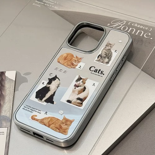 猫咪日常适用16promax手机壳iphone14镜面苹果15电镀银13小众高级