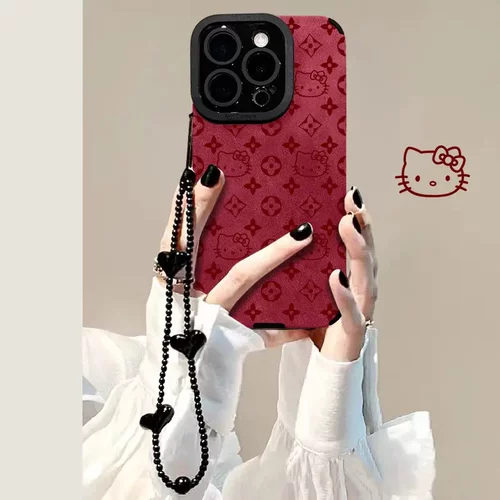 花纹kt猫链条适用苹果16promax手机壳iphone15翻毛皮14硅胶防摔13