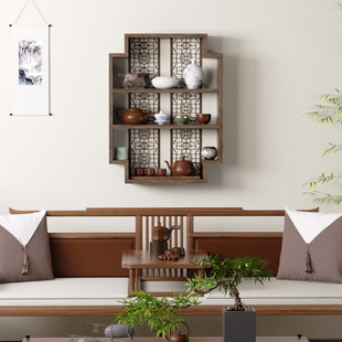 实木新中式博古架壁挂式茶室收纳层架茶杯茶具展示架桌面多宝阁置