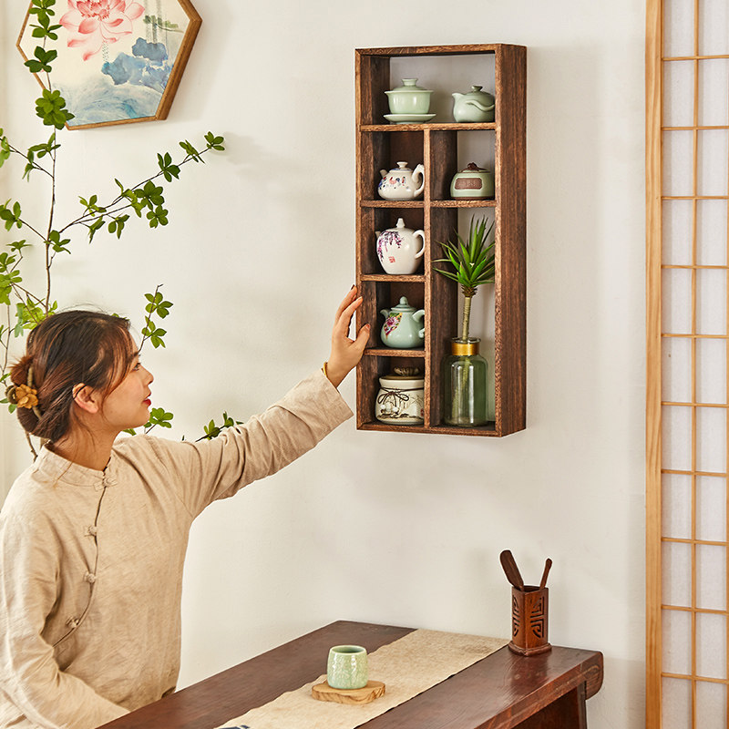 博古架实木中式壁挂墙上多宝阁茶架子置物架茶壶古董架展示小摆件