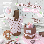 RosyPosy柔设竖款 笔袋高颜值ins风铅笔袋女孩大容量文具笔袋便携小笔筒可站立文具收纳袋学生波点草莓文具袋