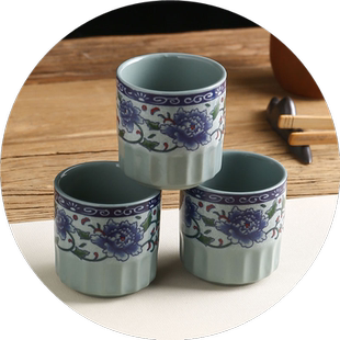 青古瓷青花瓷牡丹复古中式酒店饭店小茶杯酒杯半纹杯陶瓷杯茶具