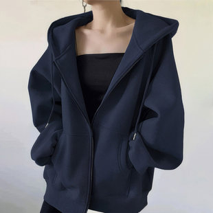 藏青色卫衣外套女秋冬季加绒加厚2026新款爆款韩系早春拉链上衣