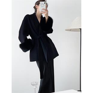 黑色超大狐狸毛双面羊绒大衣女2025冬装新款小个子短款羊毛呢外套