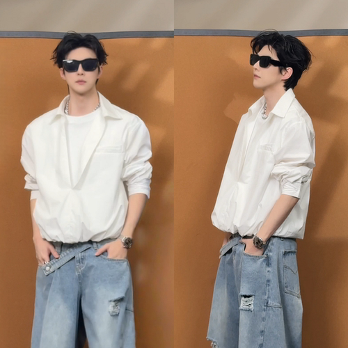 春季男士港风假两件翻领长袖衬衫